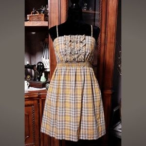 Anthropologie Maeve Pearland Mustard Yellow Plaid Dress with optional straps M